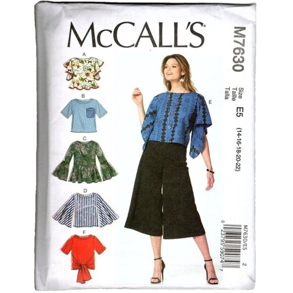 McCall's M7630 Misses 14 to 22 Bell Sleeve Tops Uncut Sewing Pattern New - Picture 1 of 2